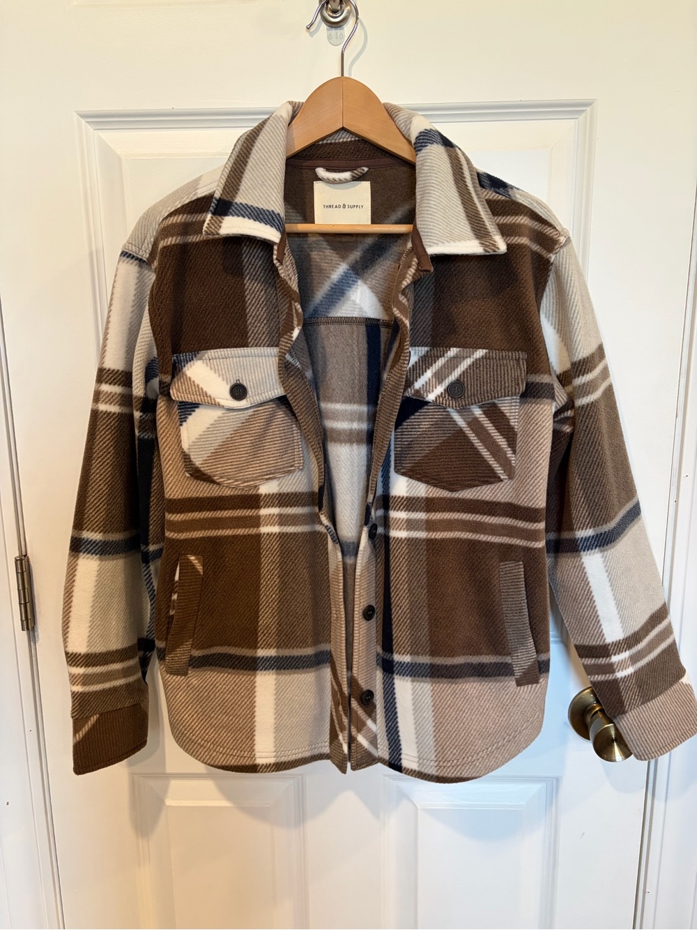 Thread & Supply Brown & Cream Plaid Shacket with Navy Accents